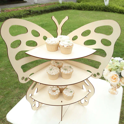 3-Tier Wooden Cupcake Stand Butterfly Design Natural - Rustic Dessert Display Shelf Rack 24’’ - Cake Stands