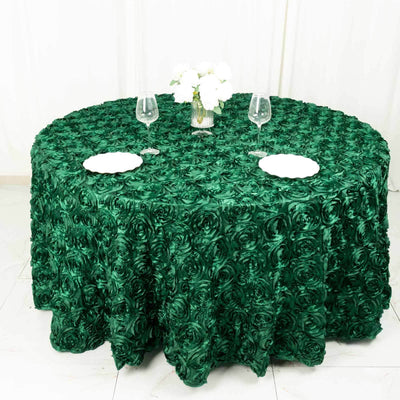 Satin 120" Round Tablecloth Hunter Emerald Green - Grandiose 3D Rosette with Seamless Finish Table Cover