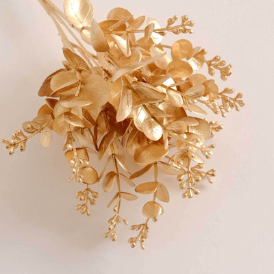 4-Pack Artificial Eucalyptus Leaves Decor Metallic Gold - Vibrant Faux Plant Spray Bush for Bridal Bouquets Floral