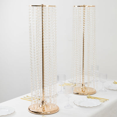 4-Pack Gold Metal Flower Stand Vases with Hanging Crystal Beads – 32’’ Tall Decorative Column Centerpieces for Events