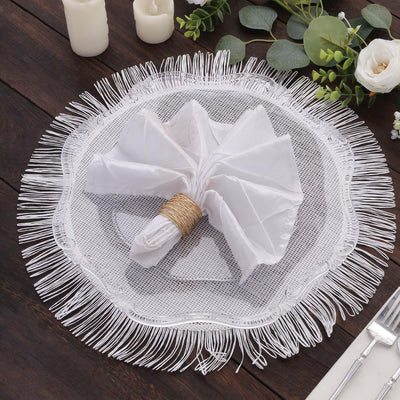 4-Pack Placemats Fringe Edge Design White Jute Round - Rustic Boho Chic Burlap Table Decor 16’’ - Placemat