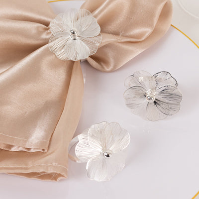 4 Pack Silver Metal Jasmine Flower Napkin Holders with Pearl Center Decorative Floral Napkin Ring Bands - 2’’ - Napkins