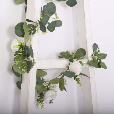 5.5ft Artificial Eucalyptus Leaf Hanging Vines With 7 White Rose Flower Heads Floral Greenery Table Garland - Flower