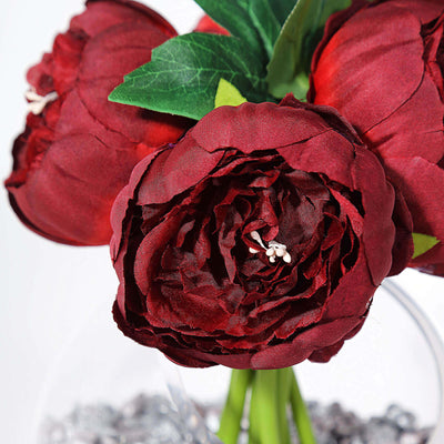 5 Flower Head Burgundy Peony Bouquet Artificial Silk Peonies Spray - Silk Flowers