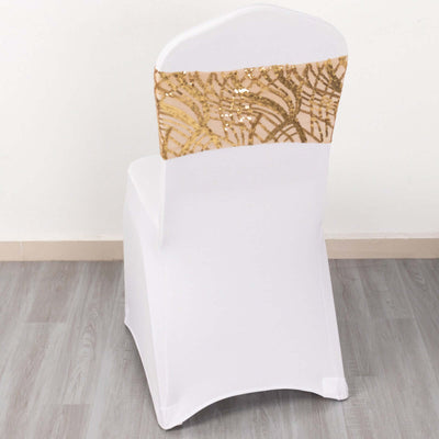5 Pack Chair Sash Bands with Wave Embroidered Sequins Gold - Gleaming Accent for Weddings & Banquets - Chair Sashes