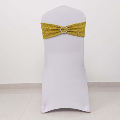 5 Pack Chair Sashes Shimmer Tinsel Spandex 5’’x12’’ with Silver Rhinestone Buckles Gold - Stylish Decor for Weddings