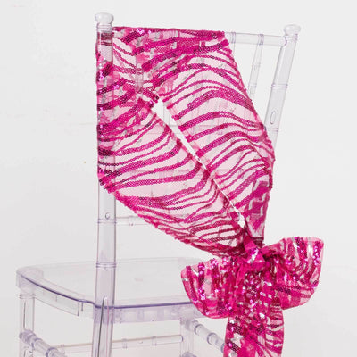 5 Pack Chair Sashes with Wave Embroidered Sequins Fuchsia/Silver 6’’x88’’ - Chair Sashes