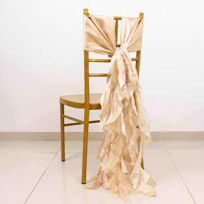 5 Pack Chiffon Satin Chair Sashes Beige - Easy to Install Ruffled Curly Willow - Chair Sashes
