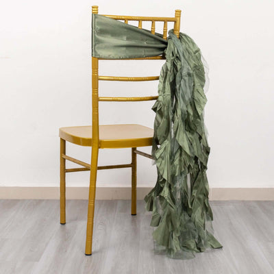 5 Pack Chiffon Satin Chair Sashes Dusty Sage Green - Easy to Install Ruffled Curly Willow - Chair Sashes