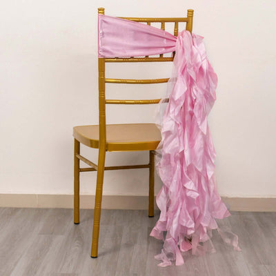 5 Pack Chiffon Satin Chair Sashes Pink - Easy to Install Ruffled Curly Willow - Chair Sashes