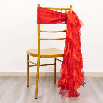 5 Pack Chiffon Satin Chair Sashes Red - Easy to Install Ruffled Curly Willow - Chair Sashes