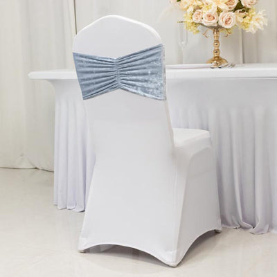 5 Pack Crushed Velvet Chair Bands Dusty Blue Wide Ruffle Style - Textured Chair Sashes for Stunning Event Decor