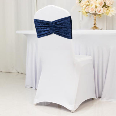 5 Pack Crushed Velvet Chair Bands Navy Blue Wide Ruffle Style - Textured Chair Sashes for Stunning Event Decor