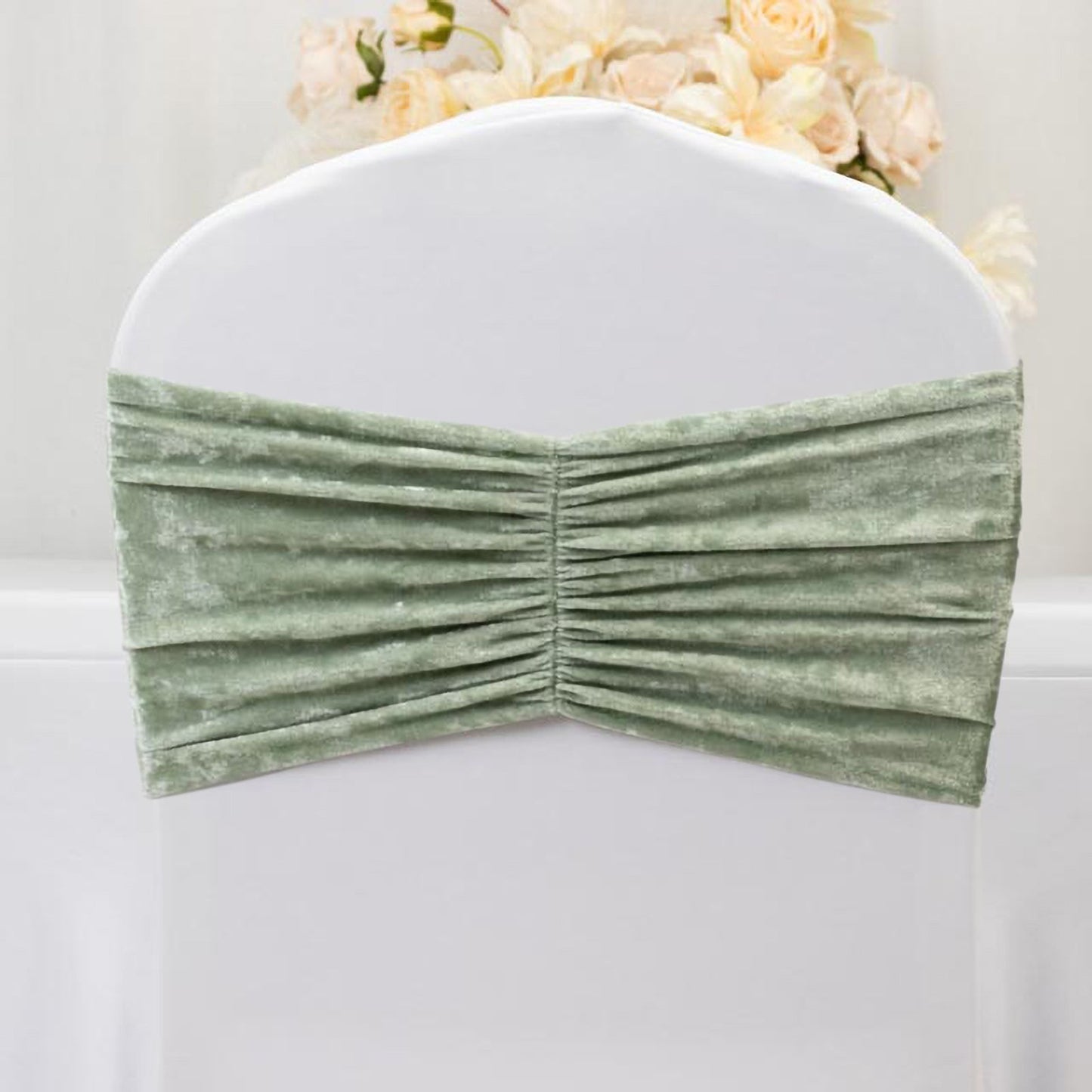 5 Pack Crushed Velvet Chair Bands Sage Green Wide Ruffle Style - Textured Chair Sashes for Stunning Event Decor