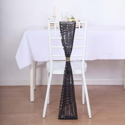 5 Pack Glitz Sequin Chair Sashes with Geometric Diamond Design 6’’x88’’ Black - Glittering Accent for Weddings - Chair