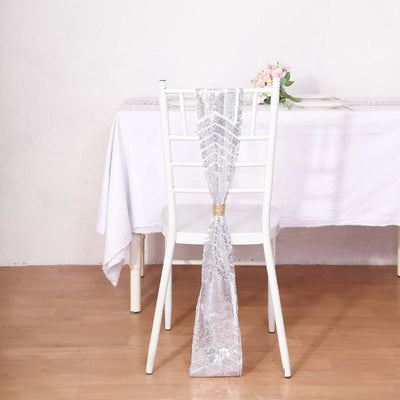 5 Pack Glitz Sequin Chair Sashes with Geometric Diamond Design 6’’x88’’Silver - Chair Sashes