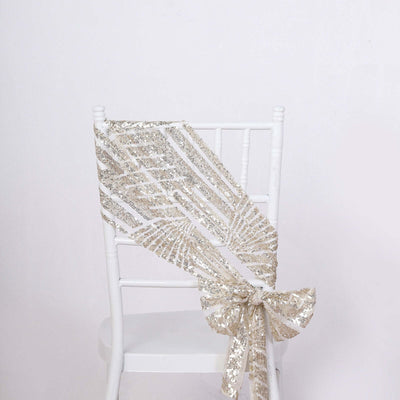 5 Pack Glitz Sequin Chair Sashes with Geometric Diamond Design 6’’x88’’ Champagne - Chair Sashes