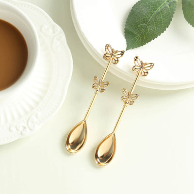 5 Pack Gold Metal Butterfly Handle Dessert Spoons in Clear Top Black Gift Box Pre-Packed Mini Espresso Coffee Spoons