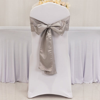5 Pack Lamour Satin 6’’x106’’ Chair Sashes Silver - Stylish Reusable Decorative Bows - Chair Sashes