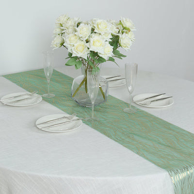 5 Pack Organza 12’’x108’’ Table Runners Hunter Emerald Green - Gold Wave Design - Runners