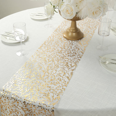5 Pack Organza Mesh 11’’x108’’ Table Runner Rolls White with Gold Foil Leaf Vines - Disposable Stylish & Chic Table