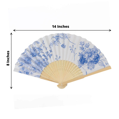 5-Pack Paper Folding Fans Party Favors in White & Blue French Toile Pattern Handheld Fans with Bamboo Frame