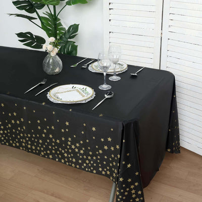 5-Pack Plastic Table Covers Black Rectangle with Gold Stars - Decorative PVC Disposable Tablecloths 54’’x108’’