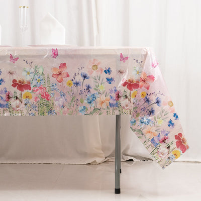 5-Pack Plastic Table Covers Blush Rectangle with Butterfly Floral Print - Decorative PVC Disposable Covers 54’’x108’’
