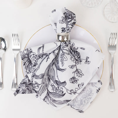 5 Pack Polyester 20’’x20’’ Dinner Napkins White with Black French Toile Pattern - Reusable Floral Cloth Napkins