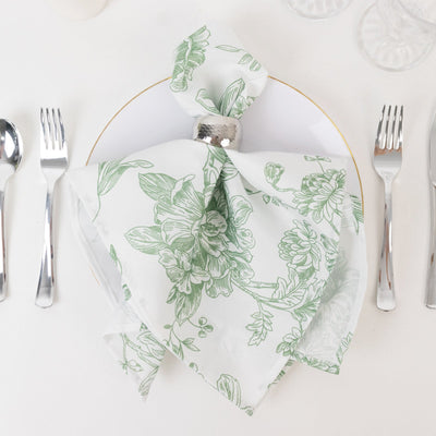 5 Pack Polyester 20’’x20’’ Dinner Napkins White with Dusty Sage Green French Toile Pattern - Reusable Floral Cloth