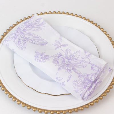 5 Pack Polyester 20’’x20’’ Dinner Napkins White with Lavender Lilac French Toile Pattern - Reusable Floral Cloth