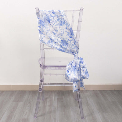 5 Pack Satin Chair Sashes White/Blue French Toile Floral Pattern - Wrinkle-Resistant & Reusable Chair Bows