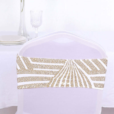 5 Pack Sequin Spandex Chair Sash White with Gold Geometric Diamond Glitz Pattern - Durable & Easy To Use Stretchable