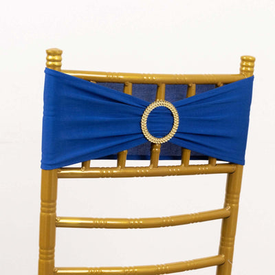 5 Pack Spandex Chair Sashes Royal Blue with Gold Rhinestone Buckles - Reusable Four-Way Stretch Sash Bands 5’’x14’’