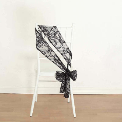 5 Pack Tulle Chair Sashes with Leaf Vine Embroidered Sequins Black 6’’x88’’ - Chair Sashes