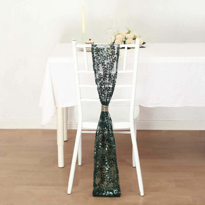 5 Pack Tulle Chair Sashes with Leaf Vine Embroidered Sequins Hunter Emerald Green 6’’x88’’ - Chair Sashes