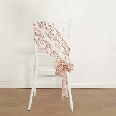 5 Pack Tulle Chair Sashes with Leaf Vine Embroidered Sequins Rose Gold 6’’x88’’ - Chair Sashes