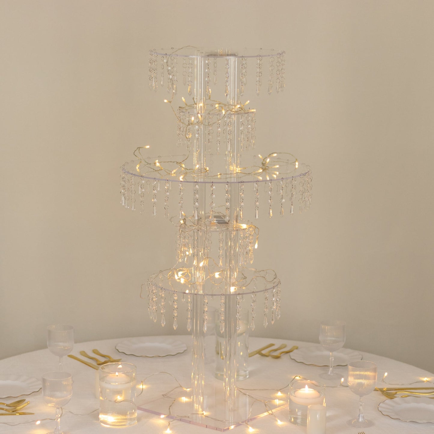 5-Tier Clear Acrylic Chandelier Flower Stand with Hanging Crystals – 39’’ Tall Table Centerpiece Display Tower