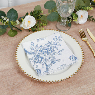 50 Pack 2-Ply Paper Beverage Napkins in Matte Blue and White French Toile Floral Pattern Highly Absorbent Soft