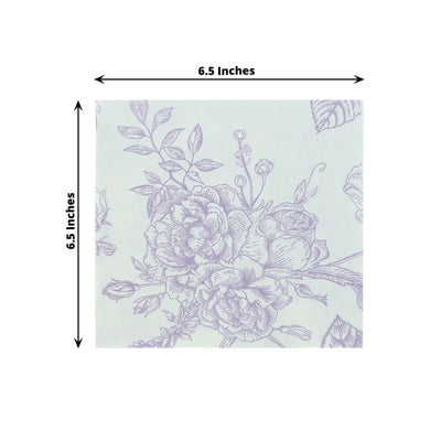50 Pack 2-Ply Paper Beverage Napkins in Matte Lavender and White French Toile Floral Pattern Highly Absorbent Soft