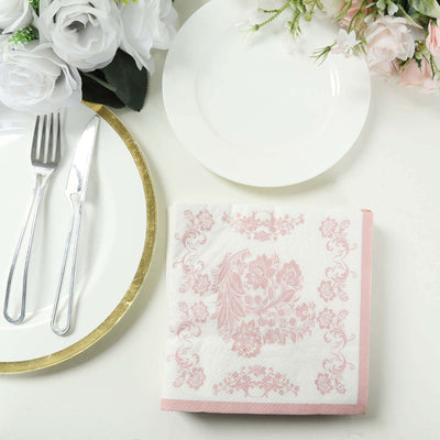 50 Pack 2-Ply Paper Beverage Napkins in White Matte Pink Damask Floral Pattern Disposable Cocktail Napkins - Highly