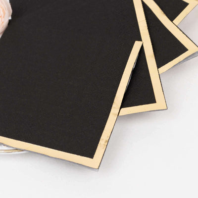 50-Pack Paper Beverage Napkins Black with Gold Foil Edge - 2 Ply Disposable Soft 18GSM Cocktail Napkins for Events