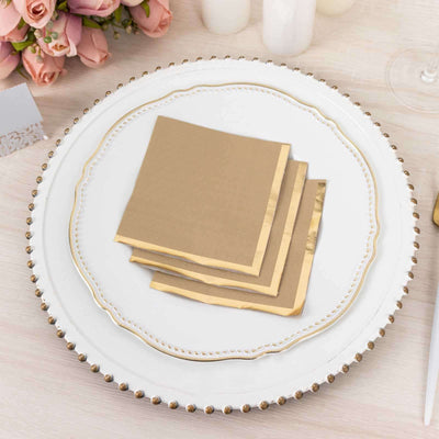 50-Pack Paper Beverage Napkins Natural with Gold Foil Edge - 2 Ply Disposable Soft 18GSM Cocktail Napkins 5’’x5’’