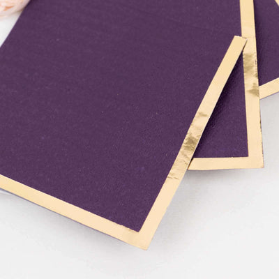 50-Pack Paper Beverage Napkins Purple with Gold Foil Edge - 2 Ply Disposable Soft 18GSM Cocktail Napkins 5’’x5’’