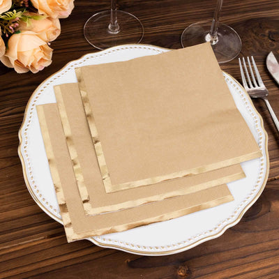 50-Pack Paper Beverage Napkins with Gold Foil Edge Natural - Disposable 2 Ply Cocktail Napkins for Events 6.5’’x6.5’’
