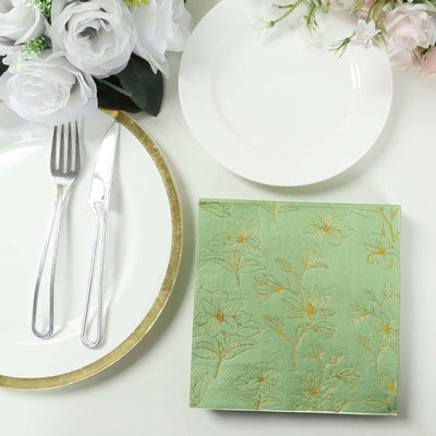 50-Pack Paper Cocktail Napkins with Gold Magnolia Flowers Print Sage Green - Highly 2 Ply Absorbent Soft Napkins
