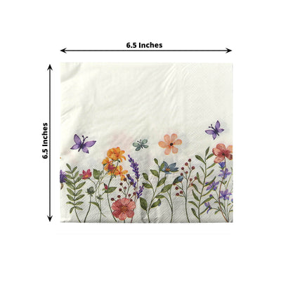 50-Pack Paper Cocktail Napkins with Wildflower Butterfly Design - Disposable 2 Ply Beverage Napkins for Parties