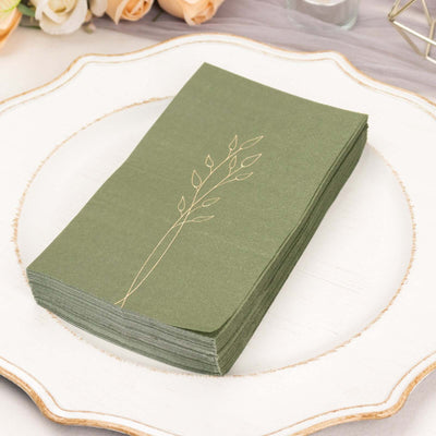 50-Pack Paper Dinner Napkins Dusty Sage Green with Gold Embossed Leaf - Stylish 2-Ply Disposable Napkins for Weddings
