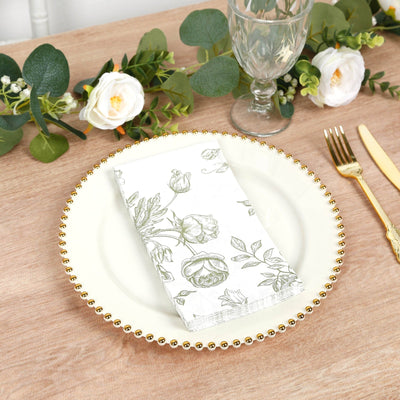 50-Pack Paper Dinner Napkins White with Matte Sage Green French Toile Floral Pattern 2-Ply - Stylish Disposable Napkins