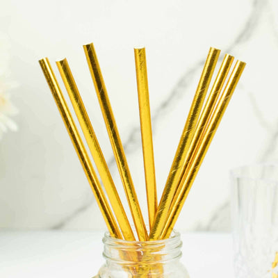 50-Pack Paper Drinking Straws Metallic Gold Foil Food Grade - Disposable Biodegradable Straws for Events 8’’